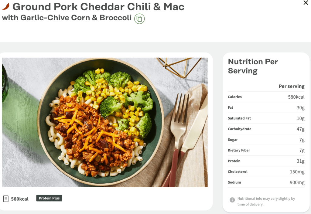 Ground Pork Cheddar Chili & Mac from Factor with Nutrition information