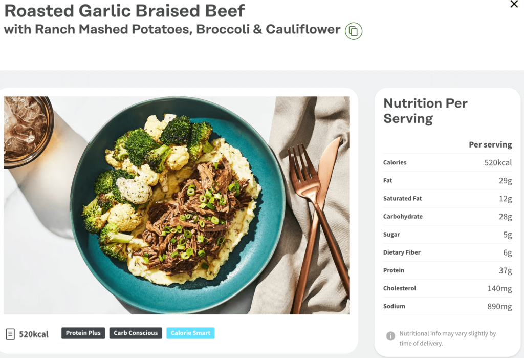 Roasted Garlic Braised Beef from factor nutrition with nutrition facts