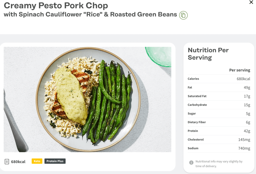 Creamy Pesto Pork Chop from Factor with nutrition information