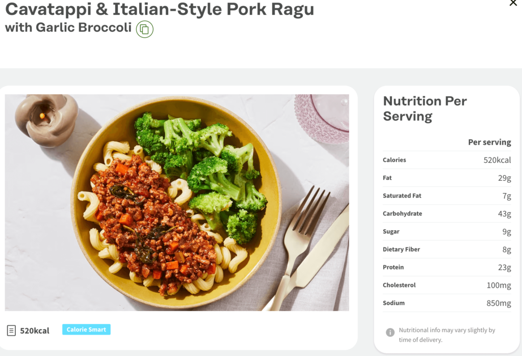 Cavatappi Pork Ragu from Factor with nutrition information