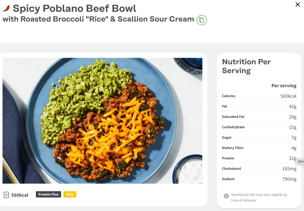 Spicy Poblano Beef Bowl from Factor with nutrition information