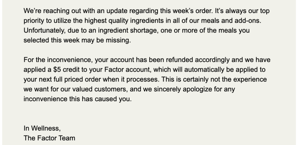 factor email indicating that they will not ship all the meals along with a refund credited to the account