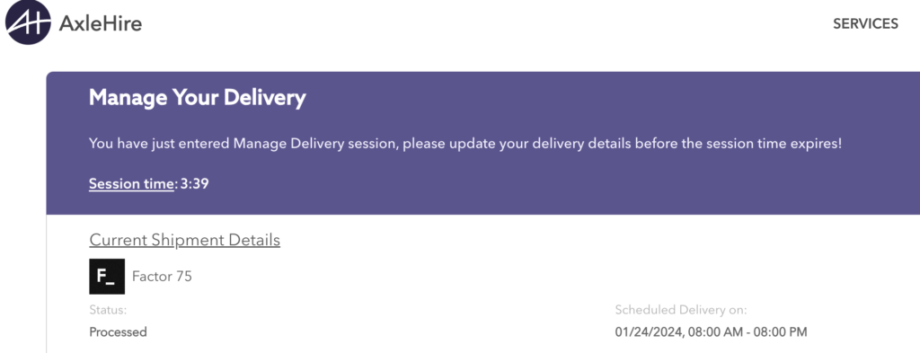 online screenshot of delivery service date for Factor Nutrition